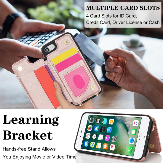 For iPhone 7 / 8 / SE 2020 2022 Double Bckle Card Slot Full Coverage Phone Case with Cross-body Strap(Rose Gold)