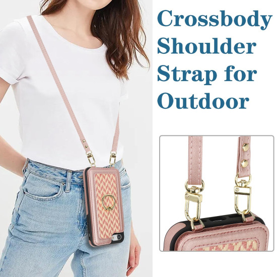 For iPhone 7 / 8 / SE 2020 2022 Double Bckle Card Slot Full Coverage Phone Case with Cross-body Strap(Rose Gold)
