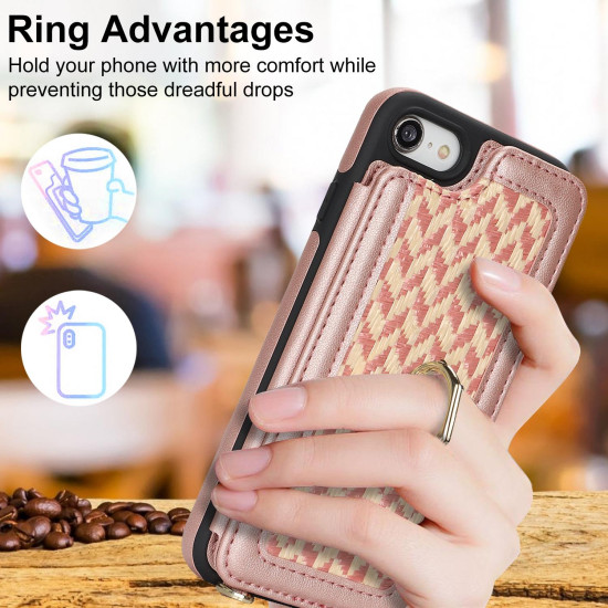 For iPhone 7 / 8 / SE 2020 2022 Double Bckle Card Slot Full Coverage Phone Case with Cross-body Strap(Rose Gold)