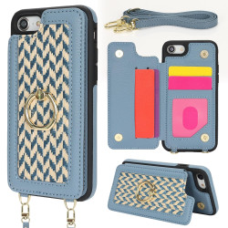 For iPhone 7 / 8 / SE 2020 2022 Double Bckle Card Slot Full Coverage Phone Case with Cross-body Strap(Blue)