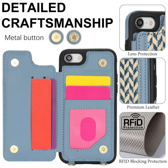 For iPhone 7 / 8 / SE 2020 2022 Double Bckle Card Slot Full Coverage Phone Case with Cross-body Strap(Blue)