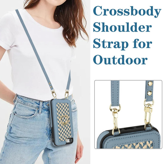 For iPhone 7 / 8 / SE 2020 2022 Double Bckle Card Slot Full Coverage Phone Case with Cross-body Strap(Blue)