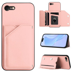 For iPhone 7 / 8 / SE 2020 2022 Skin Feel Four Card Slots Phone Case with Wrist Strap(Pink)