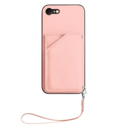 For iPhone 7 / 8 / SE 2020 2022 Skin Feel Four Card Slots Phone Case with Wrist Strap(Pink)