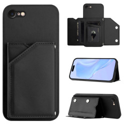 For iPhone 7 / 8 / SE 2020 2022 Skin Feel Four Card Slots Phone Case with Wrist Strap(Black)