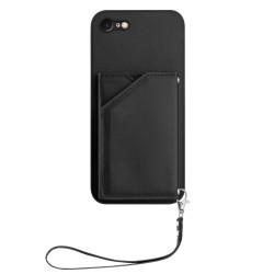 For iPhone 7 / 8 / SE 2020 2022 Skin Feel Four Card Slots Phone Case with Wrist Strap(Black)