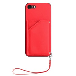 For iPhone 7 / 8 / SE 2020 2022 Skin Feel Four Card Slots Phone Case with Wrist Strap(Red)