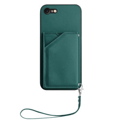 For iPhone 7 / 8 / SE 2020 2022 Skin Feel Four Card Slots Phone Case with Wrist Strap(Green)