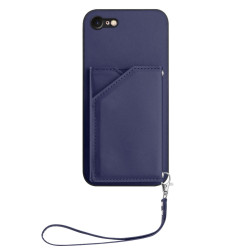 For iPhone 7 / 8 / SE 2020 2022 Skin Feel Four Card Slots Phone Case with Wrist Strap(Blue)