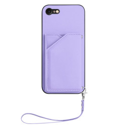 For iPhone 7 / 8 / SE 2020 2022 Skin Feel Four Card Slots Phone Case with Wrist Strap(Purple)
