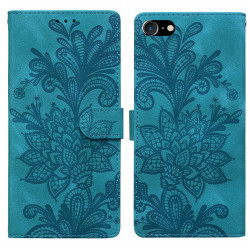 For iPhone 6 / 7 / SE 2022 Lace Floral Embossed Magnetic Buckle PU Phone Case With Wrist Strap(Green)