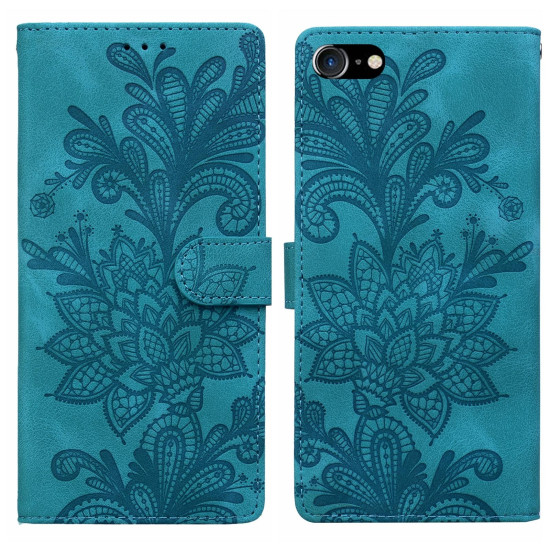 For iPhone 6 / 7 / SE 2022 Lace Floral Embossed Magnetic Buckle PU Phone Case With Wrist Strap(Green)