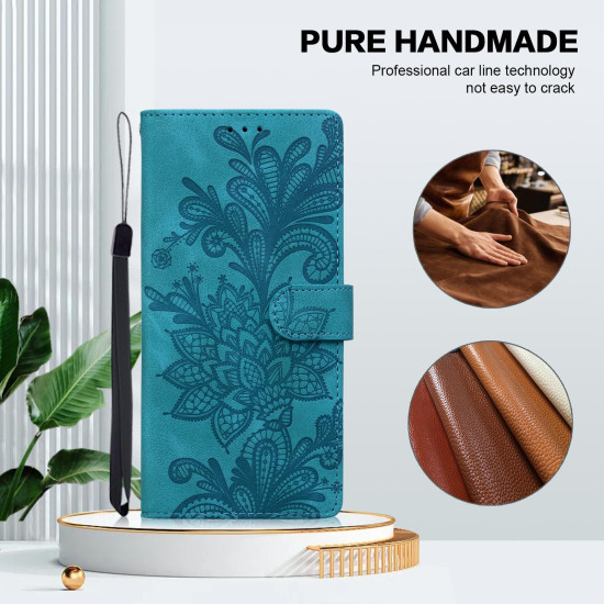 For iPhone 6 / 7 / SE 2022 Lace Floral Embossed Magnetic Buckle PU Phone Case With Wrist Strap(Green)
