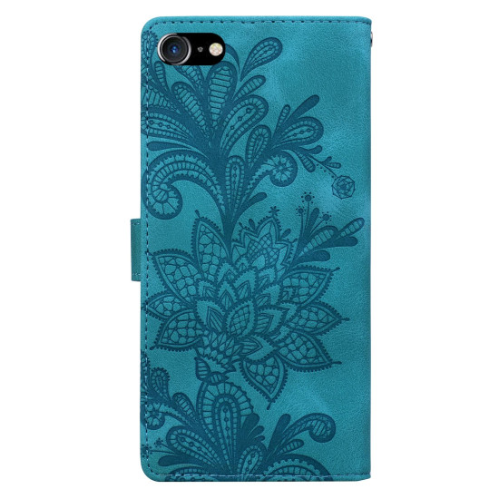 For iPhone 6 / 7 / SE 2022 Lace Floral Embossed Magnetic Buckle PU Phone Case With Wrist Strap(Green)