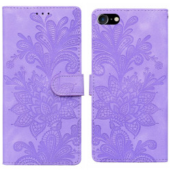 For iPhone 6 / 7 / SE 2022 Lace Floral Embossed Magnetic Buckle PU Phone Case With Wrist Strap(Purple)