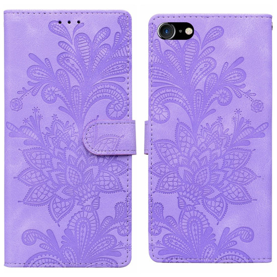For iPhone 6 / 7 / SE 2022 Lace Floral Embossed Magnetic Buckle PU Phone Case With Wrist Strap(Purple)