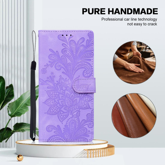 For iPhone 6 / 7 / SE 2022 Lace Floral Embossed Magnetic Buckle PU Phone Case With Wrist Strap(Purple)
