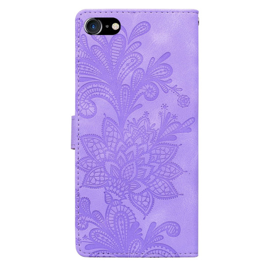 For iPhone 6 / 7 / SE 2022 Lace Floral Embossed Magnetic Buckle PU Phone Case With Wrist Strap(Purple)