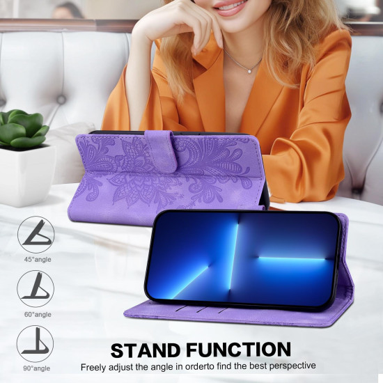 For iPhone 6 / 7 / SE 2022 Lace Floral Embossed Magnetic Buckle PU Phone Case With Wrist Strap(Purple)