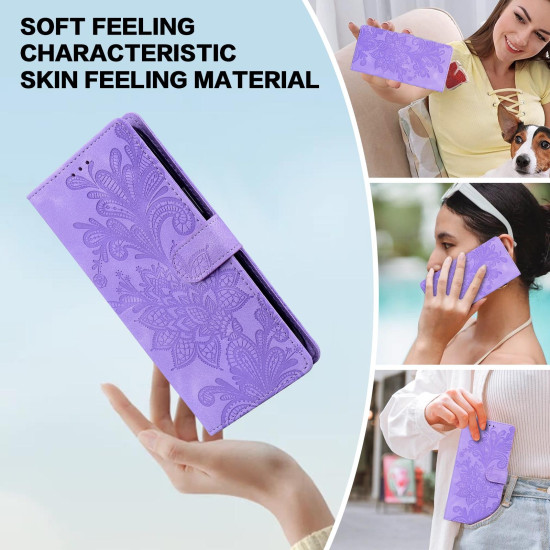 For iPhone 6 / 7 / SE 2022 Lace Floral Embossed Magnetic Buckle PU Phone Case With Wrist Strap(Purple)