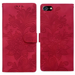 For iPhone 6 / 7 / SE 2022 Lace Floral Embossed Magnetic Buckle PU Phone Case With Wrist Strap(Red)