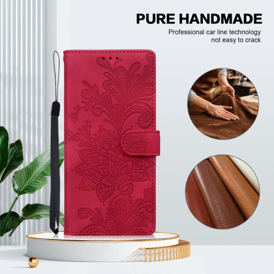 For iPhone 6 / 7 / SE 2022 Lace Floral Embossed Magnetic Buckle PU Phone Case With Wrist Strap(Red)