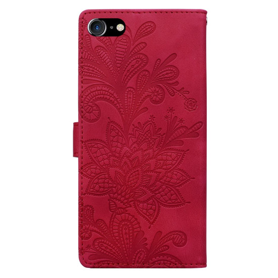 For iPhone 6 / 7 / SE 2022 Lace Floral Embossed Magnetic Buckle PU Phone Case With Wrist Strap(Red)