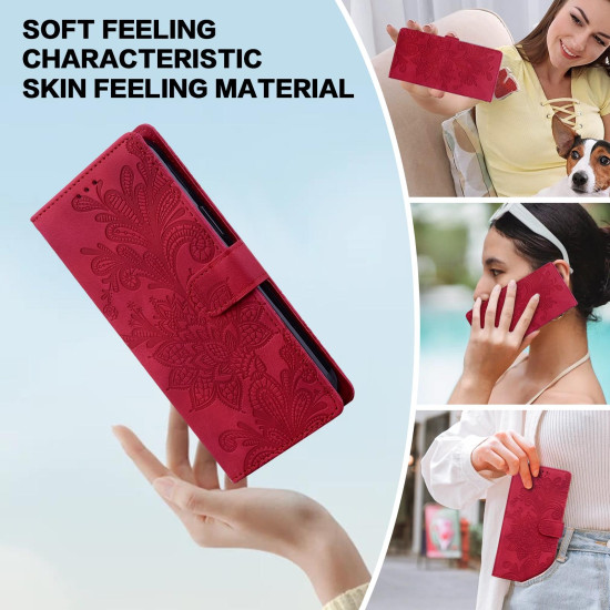 For iPhone 6 / 7 / SE 2022 Lace Floral Embossed Magnetic Buckle PU Phone Case With Wrist Strap(Red)