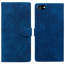For iPhone 6 / 7 / SE 2022 Lace Floral Embossed Magnetic Buckle PU Phone Case With Wrist Strap(Blue)