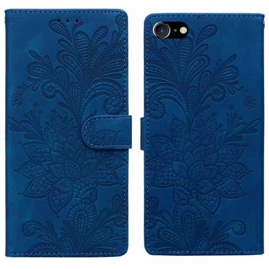 For iPhone 6 / 7 / SE 2022 Lace Floral Embossed Magnetic Buckle PU Phone Case With Wrist Strap(Blue)