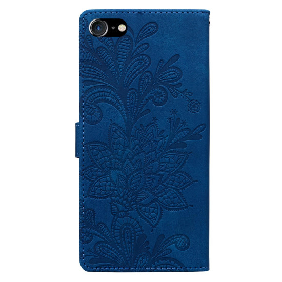For iPhone 6 / 7 / SE 2022 Lace Floral Embossed Magnetic Buckle PU Phone Case With Wrist Strap(Blue)