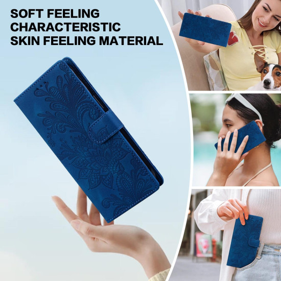 For iPhone 6 / 7 / SE 2022 Lace Floral Embossed Magnetic Buckle PU Phone Case With Wrist Strap(Blue)