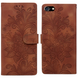For iPhone 6 / 7 / SE 2022 Lace Floral Embossed Magnetic Buckle PU Phone Case With Wrist Strap(Brown)