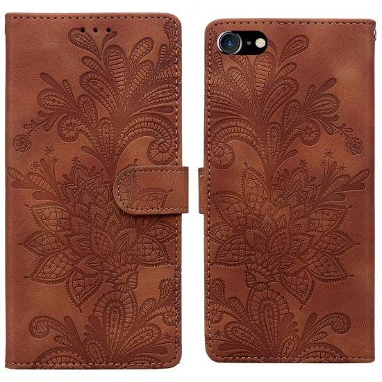 For iPhone 6 / 7 / SE 2022 Lace Floral Embossed Magnetic Buckle PU Phone Case With Wrist Strap(Brown)