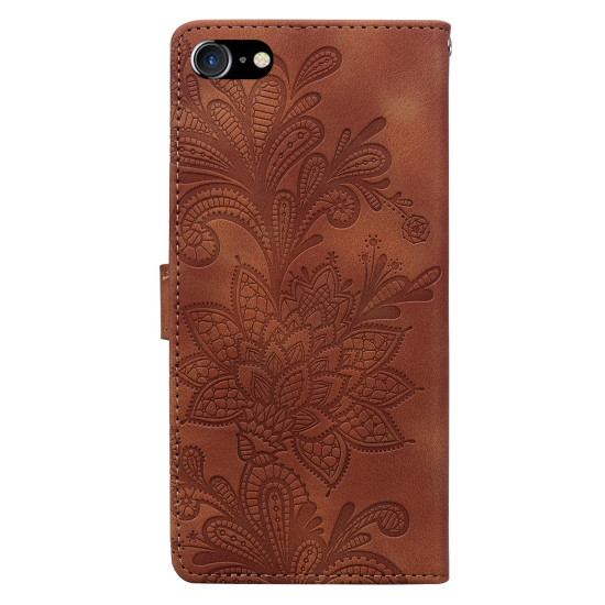 For iPhone 6 / 7 / SE 2022 Lace Floral Embossed Magnetic Buckle PU Phone Case With Wrist Strap(Brown)
