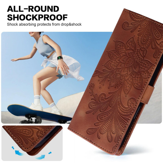 For iPhone 6 / 7 / SE 2022 Lace Floral Embossed Magnetic Buckle PU Phone Case With Wrist Strap(Brown)