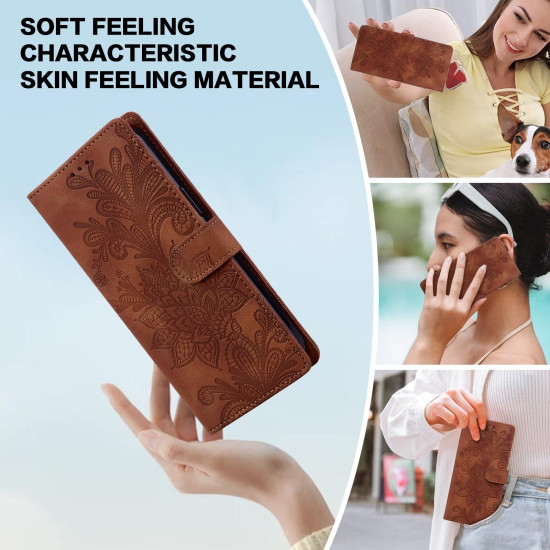 For iPhone 6 / 7 / SE 2022 Lace Floral Embossed Magnetic Buckle PU Phone Case With Wrist Strap(Brown)
