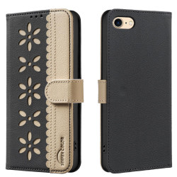 For iPhone 6 / 7 / 8 Splicing Color Hollow Flower Pattern RFID Leather Phone Case(Black)