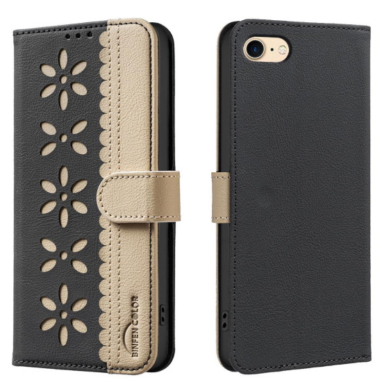 For iPhone 6 / 7 / 8 Splicing Color Hollow Flower Pattern RFID Leather Phone Case(Black)