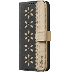For iPhone 6 / 7 / 8 Splicing Color Hollow Flower Pattern RFID Leather Phone Case(Black)