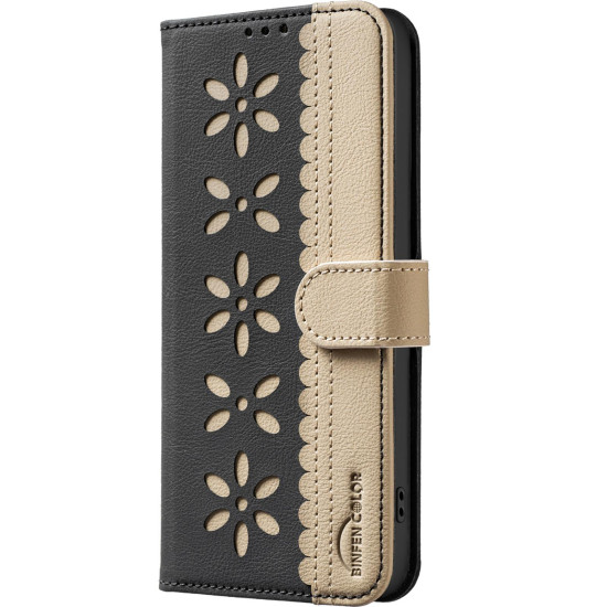 For iPhone 6 / 7 / 8 Splicing Color Hollow Flower Pattern RFID Leather Phone Case(Black)