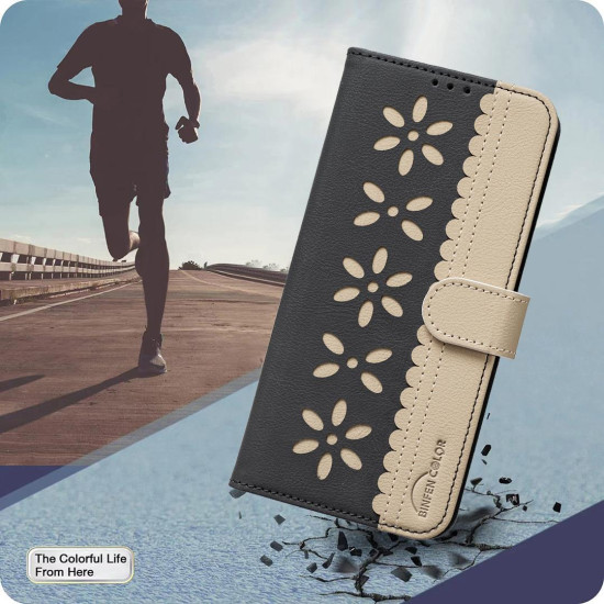 For iPhone 6 / 7 / 8 Splicing Color Hollow Flower Pattern RFID Leather Phone Case(Black)