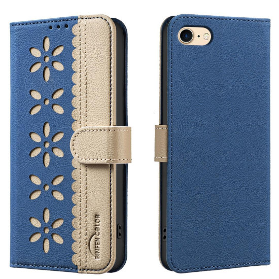 For iPhone 6 / 7 / 8 Splicing Color Hollow Flower Pattern RFID Leather Phone Case(Dark Blue)