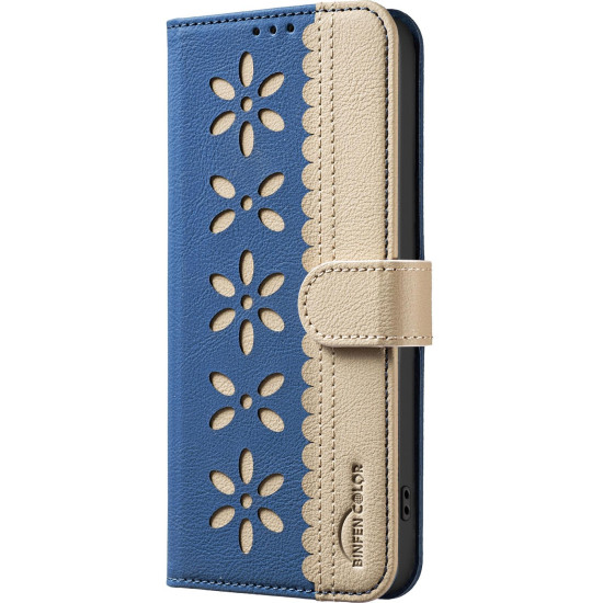 For iPhone 6 / 7 / 8 Splicing Color Hollow Flower Pattern RFID Leather Phone Case(Dark Blue)