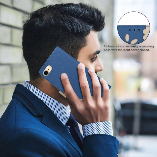 For iPhone 6 / 7 / 8 Splicing Color Hollow Flower Pattern RFID Leather Phone Case(Dark Blue)