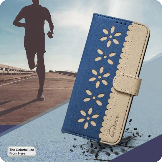 For iPhone 6 / 7 / 8 Splicing Color Hollow Flower Pattern RFID Leather Phone Case(Dark Blue)