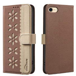 For iPhone 6 / 7 / 8 Splicing Color Hollow Flower Pattern RFID Leather Phone Case(Brown)