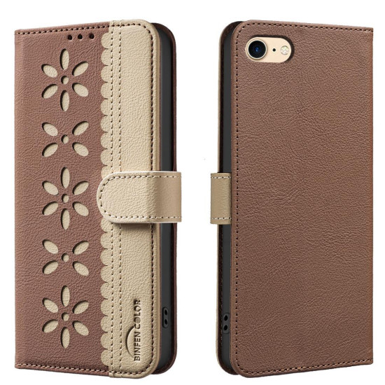 For iPhone 6 / 7 / 8 Splicing Color Hollow Flower Pattern RFID Leather Phone Case(Brown)
