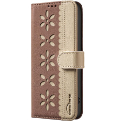For iPhone 6 / 7 / 8 Splicing Color Hollow Flower Pattern RFID Leather Phone Case(Brown)