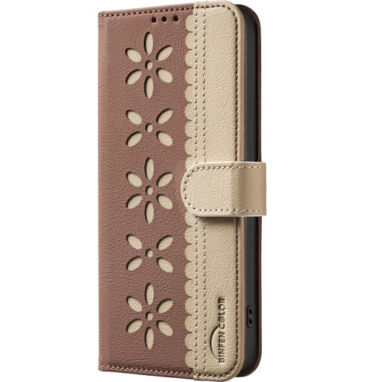 For iPhone 6 / 7 / 8 Splicing Color Hollow Flower Pattern RFID Leather Phone Case(Brown)